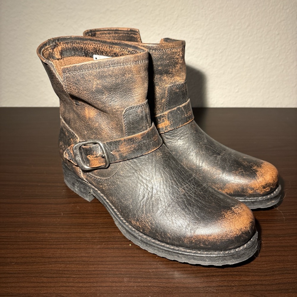 Frye Veronica Distressed Black/Brown Leather Buckle Ankle Boots